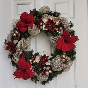Handmade Christmas Wreath Red and Gold 24" holiday decor winter wreath